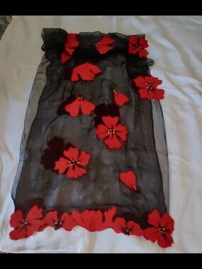 100%Silk Sheer Scarf with Felted  Red Wool Poppies